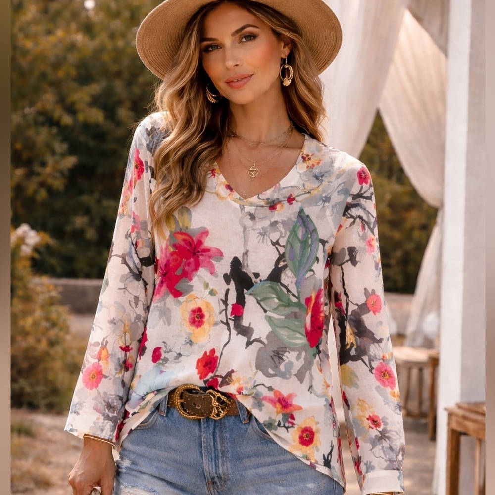 Soft Surroundings White Floral V‑Neck Long Sleeve Top with Multicolor Print